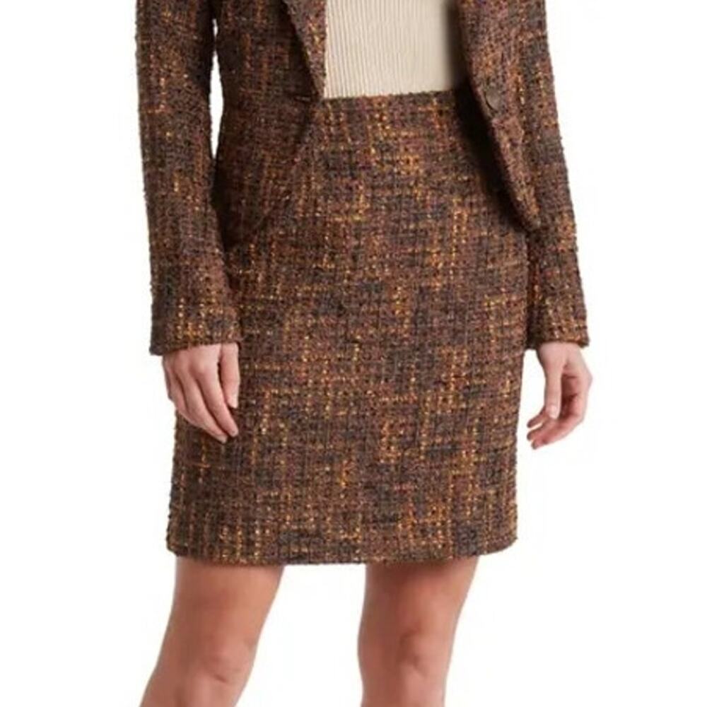 Amanda + Chelsea Boucle Tweed Skirt Modern Fit Pencil Mini Brown Gold NWT XS